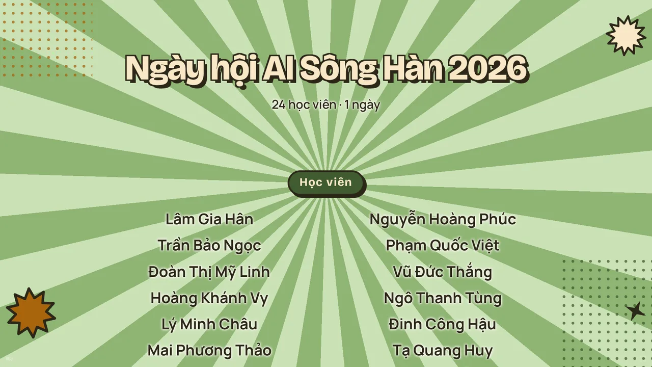 Phần chạy tên khổ ngang kiểu tia nắng xoay của một ngày hội hư cấu, tên chương trình ở trên, nhãn Học viên và hai cột tên bên dưới